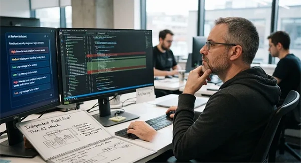 Engineer reviewing an automatically generated pull request on a laptop
