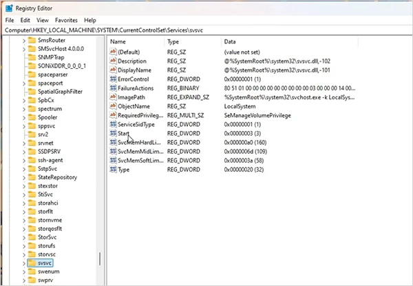 Go to Computer HKEY_LOCAL_MACHINE SYSTEM CurrentControlSet Services svsvc
