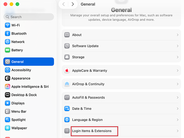 Go to General and open Login Items & Extensions