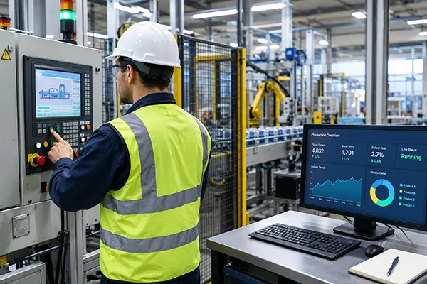 Industrial operator at a factory control panel with a nearby workstation showing production data.