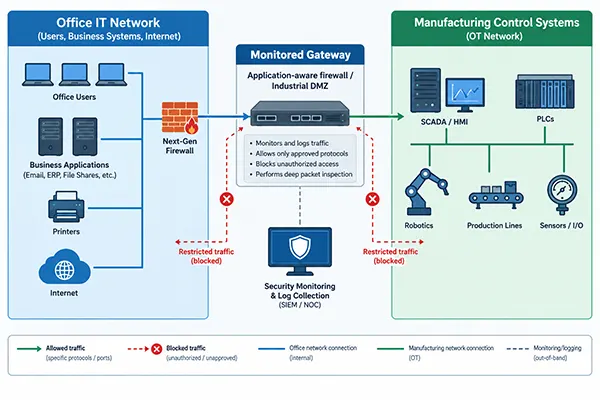 Network diagram showing office IT separated from manufacturing control systems by a monitored gateway and restricted traffic paths.
