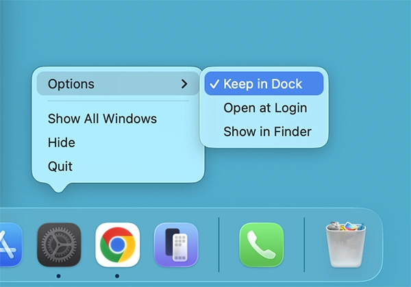 Options > Keep in Dock.