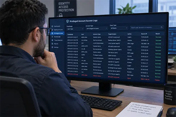  Security administrator reviewing privileged account access logs on a monitor
