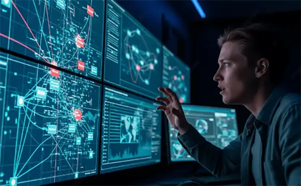 Security analyst reviewing network traffic data across multiple monitor screens