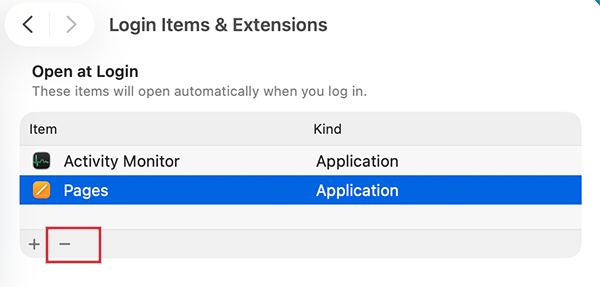 Select the app and click the minus (-) button