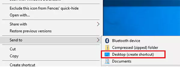 Send to Desktop create shortcut