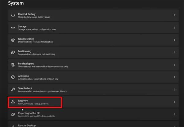 Settings System Recovery