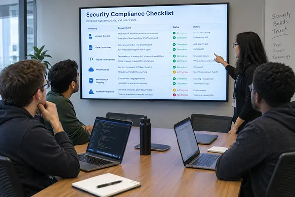 Software team reviewing a security compliance checklist on a conference room screen