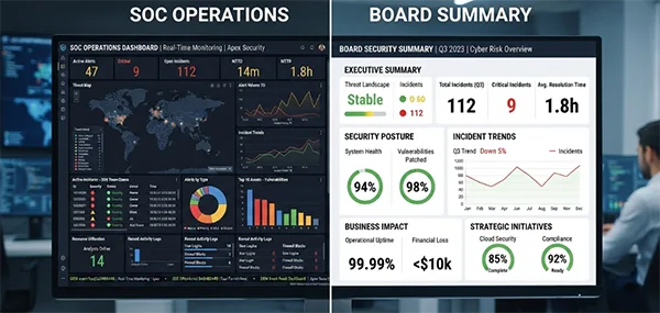 Split view comparing a dense SOC operations dashboard with a simplified one-page board summary.