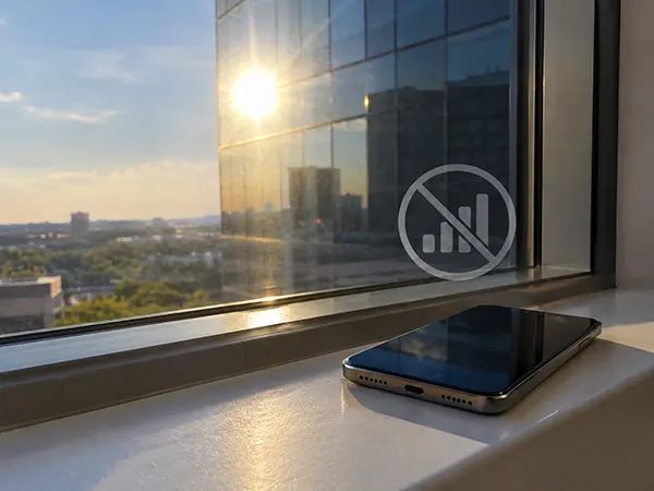 Sunlight reflecting off a tinted office window, with a faded no-signal icon overlaid on a phone resting on the sill.