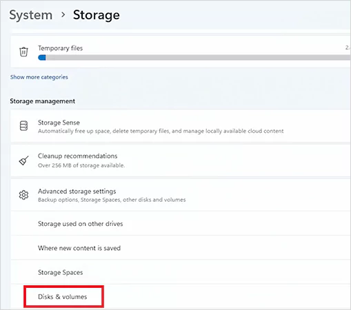 System Storage Advanced storage settings Disks and Volumes
