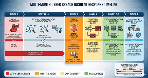 Timeline diagram showing breach identification and containment stretching across months