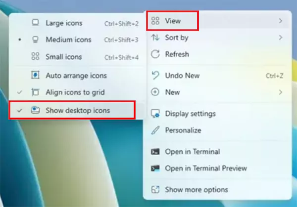 View Show desktop icons