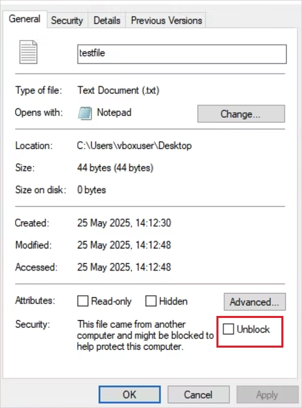 Check the Unblock box