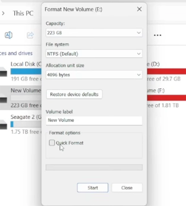 Choose the file system and click Start