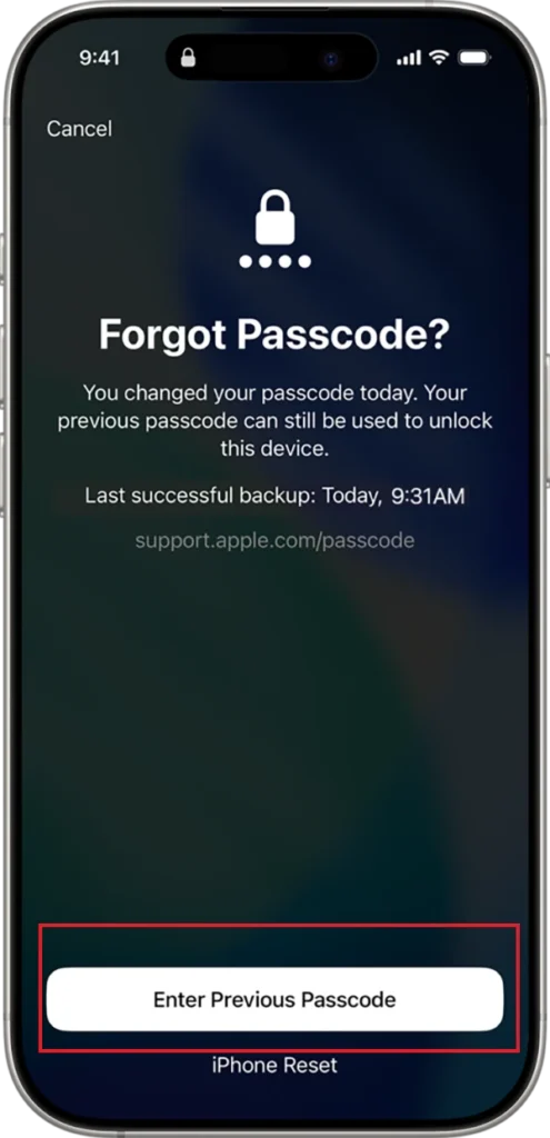 Click on Enter Previous Passcode