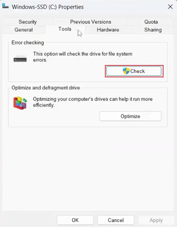 Click on the Check option