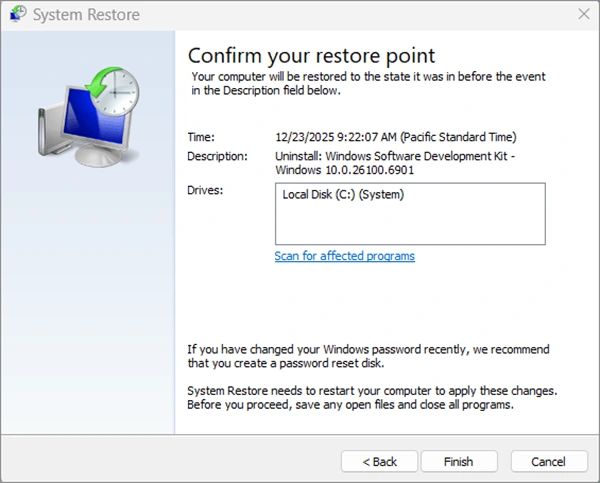 Confirm your restore point