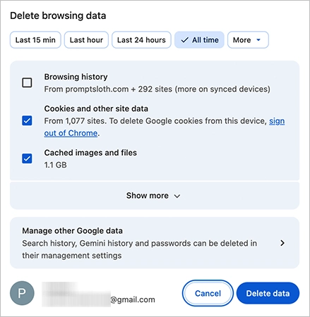 Delete Browsing Data tab