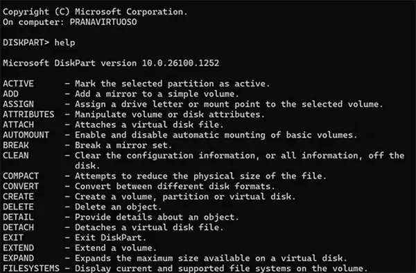 Diskpart help command