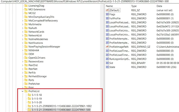 Go to HKEY_LOCAL_MACHINE\SOFTWARE\Microsoft\Windows NT\CurrentVersion\ProfileList
