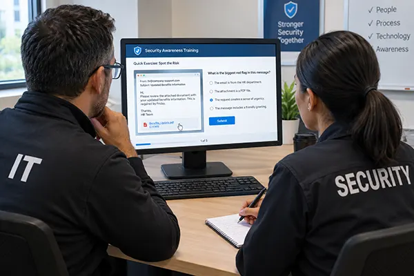IT and security staff reviewing a short security training exercise on a computer screen.
