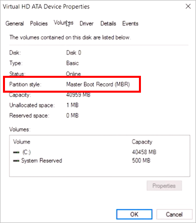 Properties Volumes Partition style