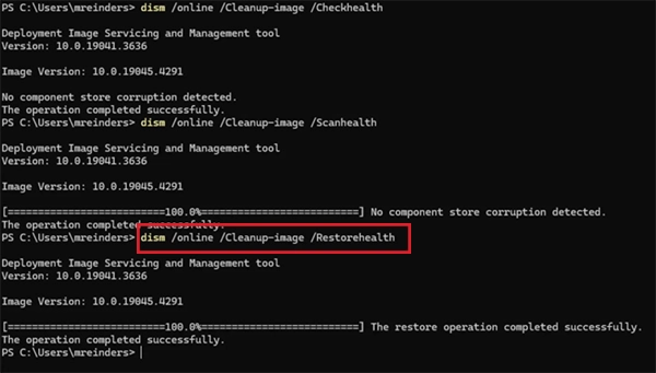 Type DISM/ Online/ Cleanup-Image/ RestoreHealth