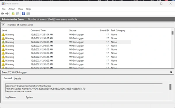 Review the error details in WHEA-Logger