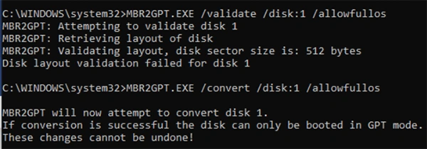 Run mbr2gpt convert allowFullOS