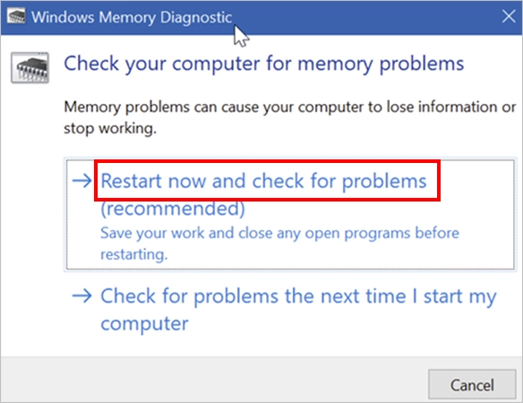 Select Restart now and check for problems