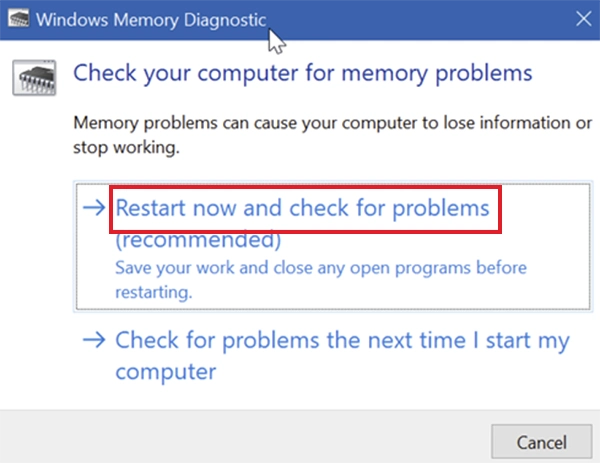 Select Restart now and check for problems