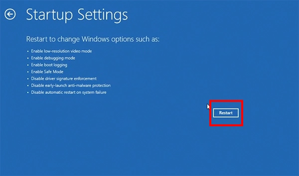 Startup Settings Restart