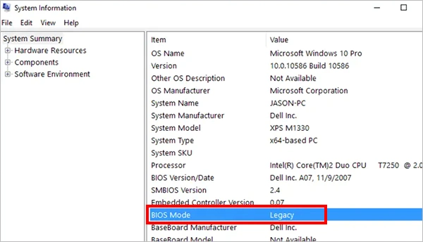 System Information BIOS Mode