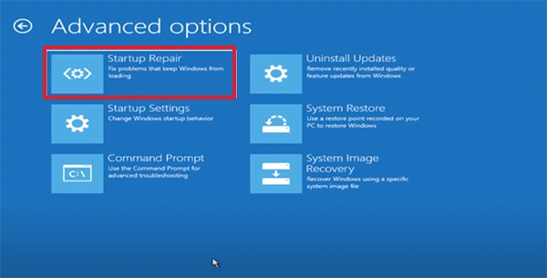 Troubleshoot > Advanced Options > Startup Repair