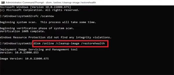 Type “DISM/ Online/ Cleanup-Image/ RestoreHealth”