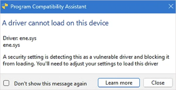 A driver cannot load on this device: ene.sys error