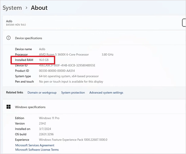 Check Installed RAM under Device specifications