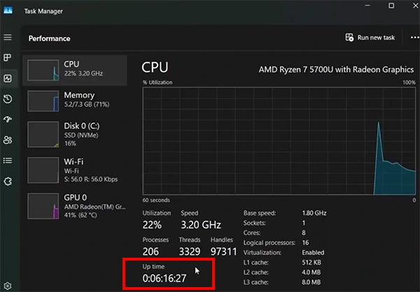 Click CPU and look for Up time