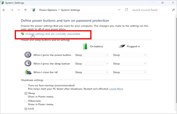 Click on Change settings that are currently unavailable