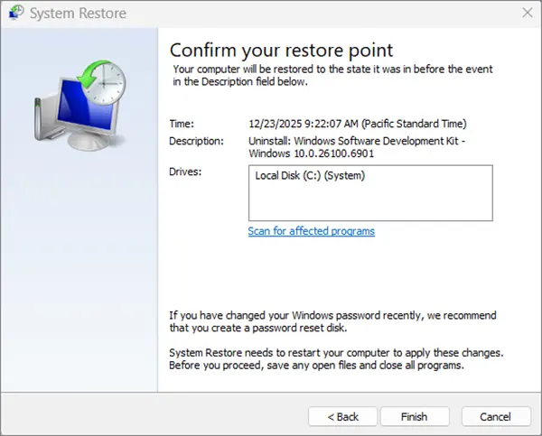 Confirm your restore point
