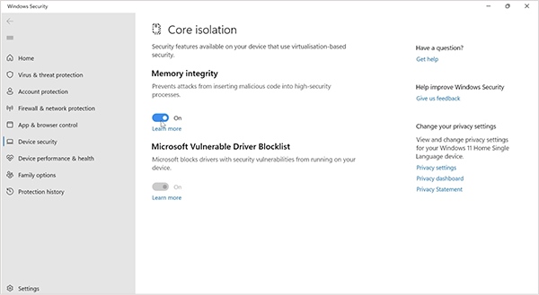 Core isolation settings