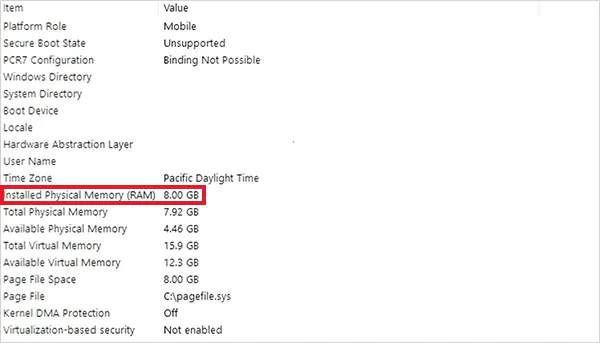 Look for Installed Physical Memory