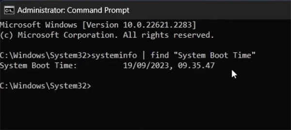 Run systeminfo find System Boot Time