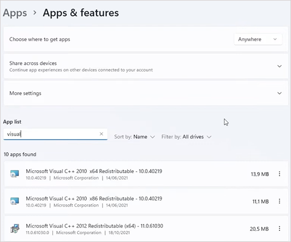 Search for Microsoft Visual C++ Redistributable