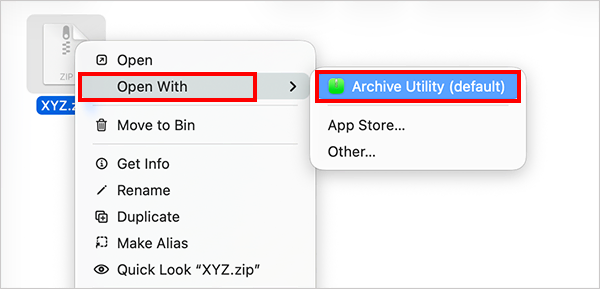 Select Open With and choose Archive Utility