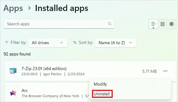 Select Uninstall