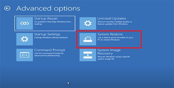 Troubleshoot > Advanced Options > System Restore