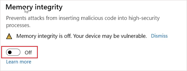 Turn Memory Integrity off 