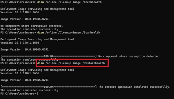 Type DISM/ Online/ Cleanup-Image/ RestoreHealth